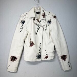 ModX Women's White Faux Leather Moto Jacket Embroidered Floral Studded Biker S